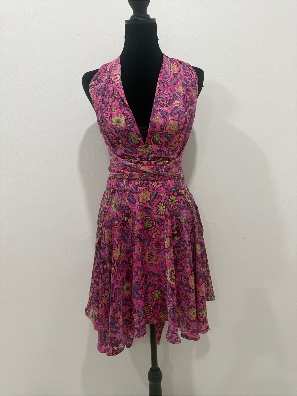 Pink Floral Silk Wrap Dress